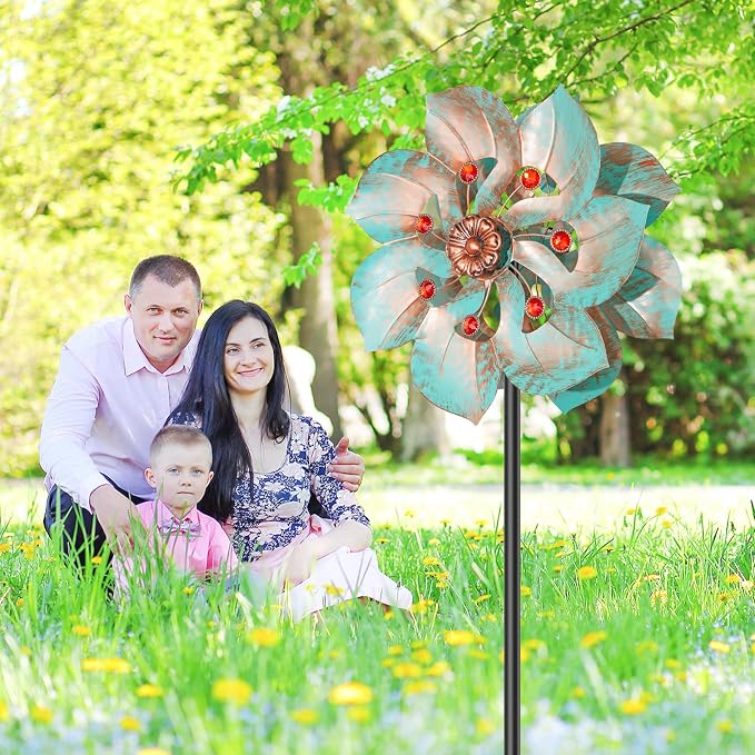 Wind Spinners Outdoor, Retro Green 2‑Blade Kinetic Wind Sculpture with Red Gems, Dual‑Direction Windmill with 5‑Prong Base, Height Adjustable Yard Art for Lawn Patio Garden, 12.6" W x 63" H