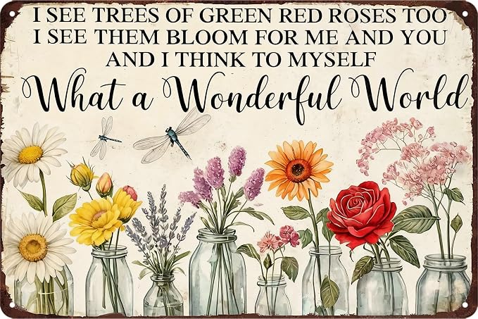 Garden Signs for Outside Gardening Wall Art Decor Funny Garden Metal Tin Sign Decorative Outdoor Gardening Gifts for Women Vintage What A Wonderful World Tin Sign Dragonfly Decor for Farm Home 8x12 In