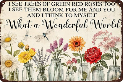 Garden Signs for Outside Gardening Wall Art Decor Funny Garden Metal Tin Sign Decorative Outdoor Gardening Gifts for Women Vintage What A Wonderful World Tin Sign Dragonfly Decor for Farm Home 8x12 In