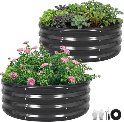 Galvanized Raised Garden Bed Outdoor, Round Metal Planter Boxes 2 Pcs, 3x3x1ft Steel Raised Bed Kit for Planting Vegetables, Fruits, Flowers(Grey)
