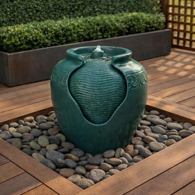 Teamson Home Floor Glazed Pot Water Fountain with Built-in LED Light and Pump for Outdoor Indoor Patio Garden Backyard Decking Home Décor, 17 inch Height, Teal | Floor Standing Ceramic Waterfall, LED Lights, Patio Garden Deck Porch Yard, Zen Outdoor De...