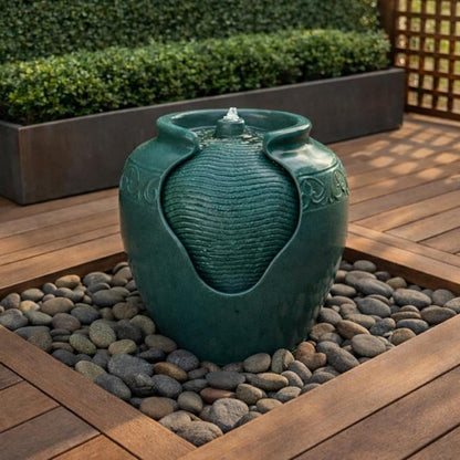 Teamson Home Floor Glazed Pot Water Fountain with Built-in LED Light and Pump for Outdoor Indoor Patio Garden Backyard Decking Home Décor, 17 inch Height, Teal | Floor Standing Ceramic Waterfall, LED Lights, Patio Garden Deck Porch Yard, Zen Outdoor De...