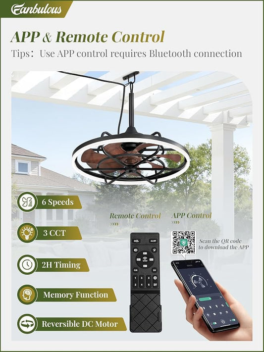 Fanbulous Outdoor Ceiling Fans with Light for Patios, 24" Weatherproof Plug in Ceiling Fan, Gazebo Fan Remote&APP Control, 3CCT Dimmable, Caged Ceiling Fan with Hanging Hook for Porch, Pergola, Canopy