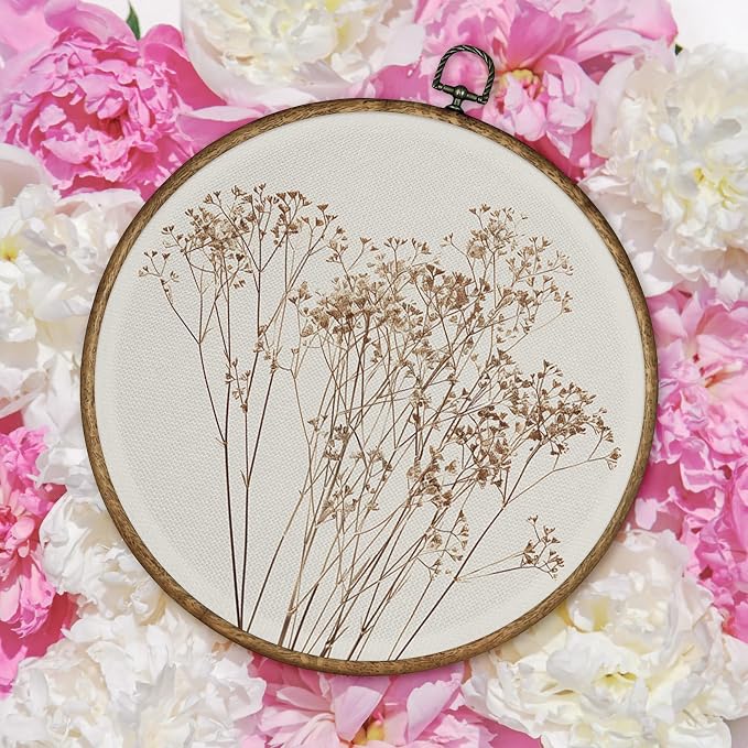 TLESKE Beige Fall Rustic Botanical Round Wall Art Decor, Autumn Boho Wildflower Floral Framed Canvas Prints Artwork, Neutral Vintage Wall Hanging Door Decor for Farmhouse Bedroom Living Room, Home Décor Products 10x10
