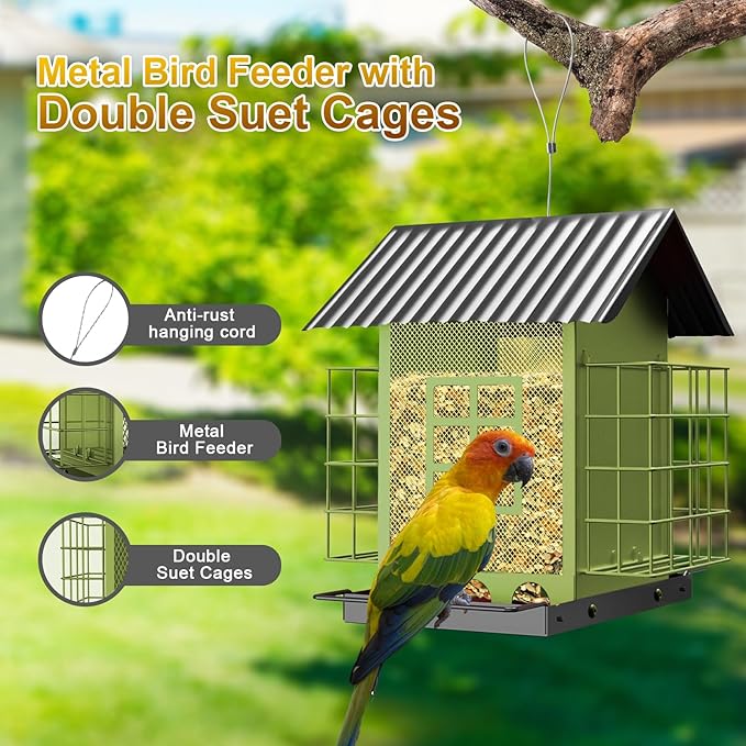FlowaFoli Bird Feeders for Outdoors Hanging, Metal Bird Feeder with Double Suet Cage Cake, Large Capacity, Birdfeeders Sturdy & Weatherproof, Easy to Clean & Refill, Great for Attracting Wild Birds