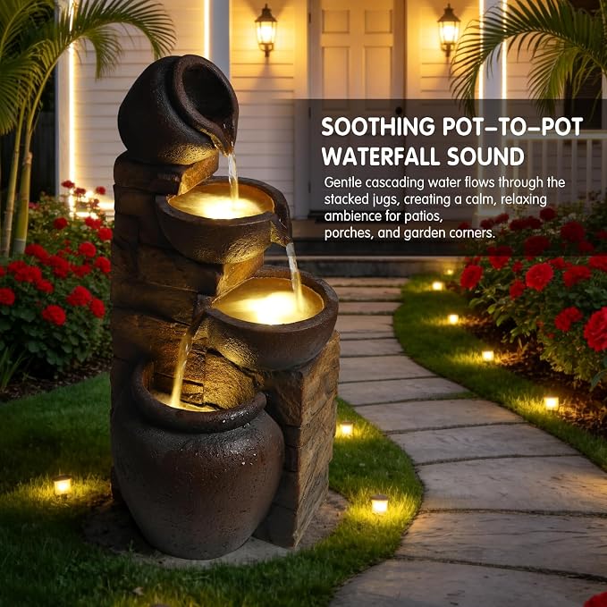 25.6" Outdoor Water Fountain, 4 Tier Cascading Pot Freestanding Water Fountain, Outdoor Fountain with LED Lights, Garden Water Feature, Suitable for Patio Yard Porch Landscape, Brown