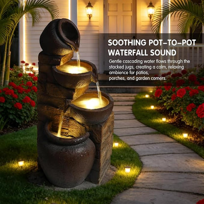 25.6" Outdoor Water Fountain, 4 Tier Cascading Pot Freestanding Water Fountain, Outdoor Fountain with LED Lights, Garden Water Feature, Suitable for Patio Yard Porch Landscape, Brown