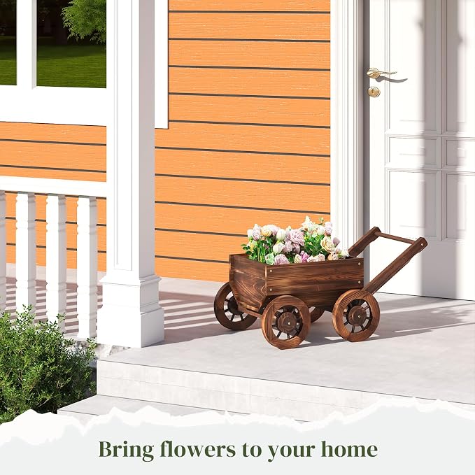 Wooden Flower Cart with Wheels Wooden Wagon Planter Trolley Decoration Succulent Flower Pot, Outdoor Garden Planter Decor Planter for Patio Balcony Indoor Backyard Balcon Decor Cart（Small）