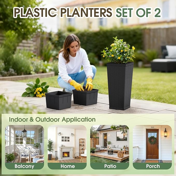 24 Inch Tall Plastic Planters (Set of 2), Detachable Inner Pot & Drainage Holes, Outdoor Decorative Flower Pots for Large Plants, Trees, Patio, and Garden, Black
