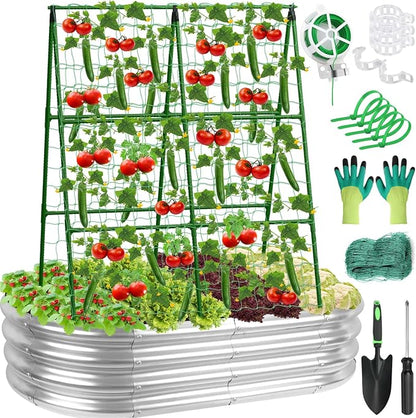 Galvanized Raised Bed with Cucumber Trellis, Garden Arch Trellis Outdoor Reusable A-Frame Metal Trellis with Trellis Net for Pea Vegetable Bean Grape Vines Flowers Climbing Plants Stand Support