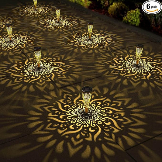 6 Pack Solar Lights Outdoor Garden Decorative Mandala Solar Garden Lights with Warm Light Waterproof Solar Pathway Landscape Lights for Path Backyard Walkway Yard Decor, Gardening Gifts for Women