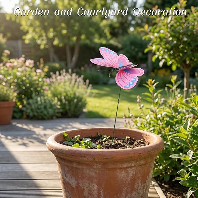 30PCS Pink Butterfly Decor Fake Butterfly Garden Picks for Outdoor Decor | 3D Double Layer Waterproof Butterfly Decorative Garden Stakes for Flower Arrangements Outdoor Indoor Spring Garden Decor