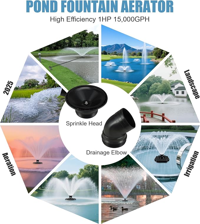Goldlife Pond Fountain Aerator, F3 No Light, 1HP 750W 110V Stainless Steel Floating Fountain With 100 FT Power Cord, Black Octagon Aerating Fountain Pump for Small Large Ponds Lake Bay Fish farm