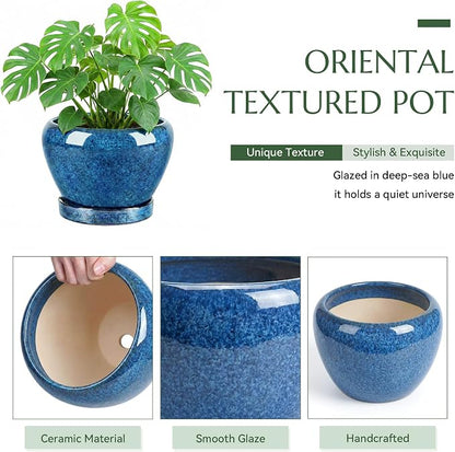 8.3 Inch Ceramic Planter with Saucer Leak-Proof Mesh &Drainage, Round Plant Pot with Gardening Gloves for Indoor Outdoor Plants (Sapphire Blue Glaze)