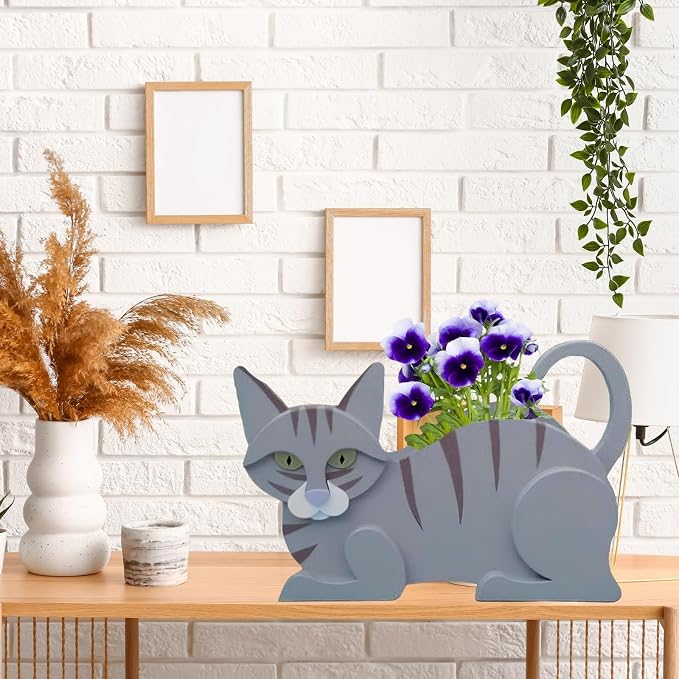 Blue Cat Planter Pots, 12.5 x 5.6 x 7.8 Inches | Cat Flower Pot, Cute Animal Shaped Plant Pot, Gifts for Women & Pet Lovers, Indoor Outdoor Garden Home Office Decor