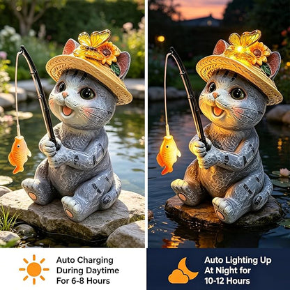 VOOKRY Solar Garden Cat Statues, Outdoor Fishing Cat with Solar Lights Waterproof, Birthday Gifts for Cat Lovers Mom Women Christmas, Garden Figurines for Yard Decor Patio Porch Lawn Ornaments
