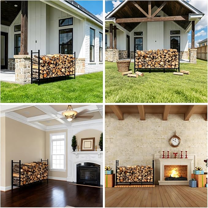 ARIFARO 4ft Firewood Rack, Adjustable Outdoor Indoor Log Holder Steel Heavy Duty Wood Rack,for Firewood Storage Wood Stacker, Rustproof, Easy Assembly, Black