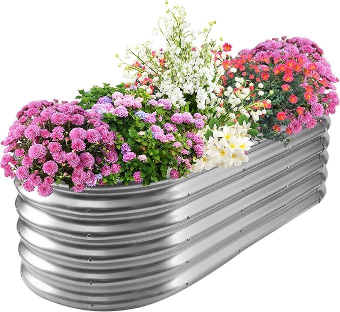 TBMLC 17" Tall Elevated Oval Metal Raised Garden Bed - 5ft x 2ft in Size and 0.8MM Thick Durable Planter Bed/Box for Vegetables Flowers Succulent at Patio/Garden Outdoor (Silver, 5X2X1.4 FT)