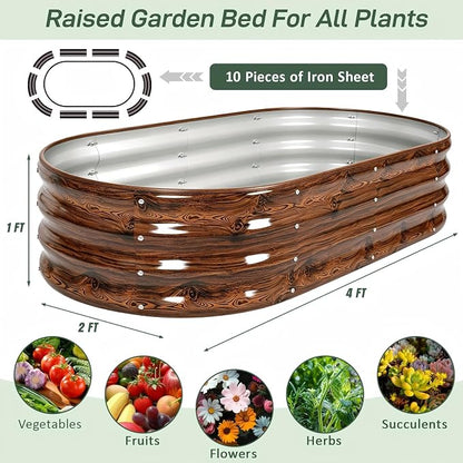 2 Pack 4x2x1 FT Galvanized Raised Garden Bed Kit, 12-Inch Deep Oval Metal Planter Boxes, Rust-Resistant Deep Root Planters for Outdoor Vegetables, Flowers, Herbs, Strawberry, tomatoes, Wood Grain