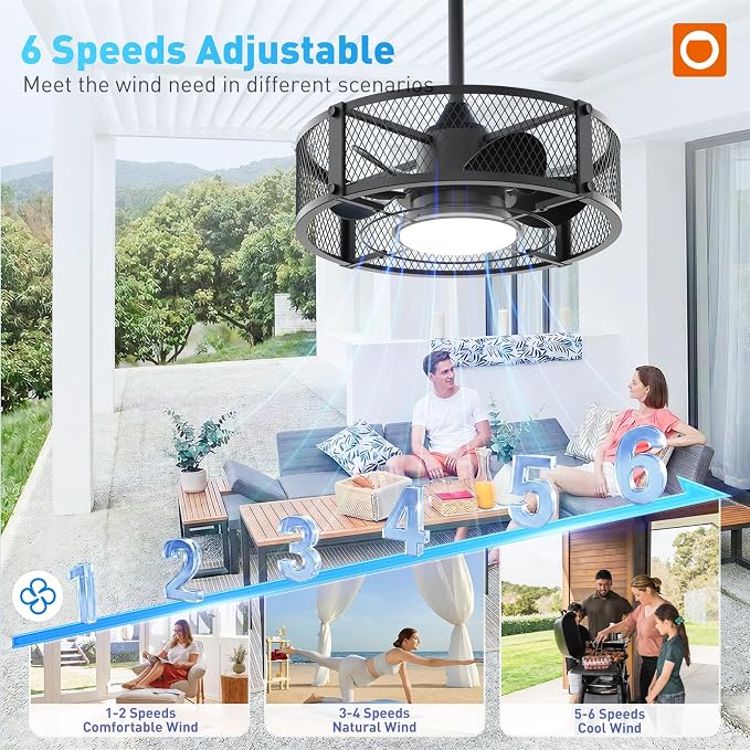 addlon 20 Inch Outdoor Ceiling Fans with Lights, IP65 Waterproof Plug in Caged Hanging Fan for Gazebo, Remote Control, 3 CCT, 6 Speeds Reversible Outdoor Fan for Patio, Pergola, Porch