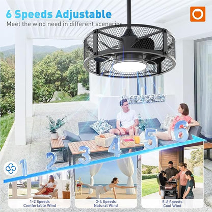 addlon 20 Inch Outdoor Ceiling Fans with Lights, IP65 Waterproof Plug in Caged Hanging Fan for Gazebo, Remote Control, 3 CCT, 6 Speeds Reversible Outdoor Fan for Patio, Pergola, Porch