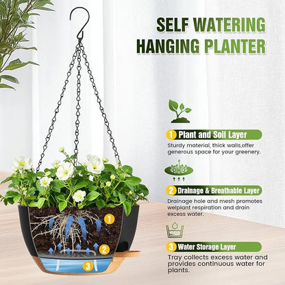 10 Inch Self-Watering Hanging Planters Set of 3 with Saucers | Set of 3 10-inch self-watering hanging planters with extra growing space, side-fill ports, chain hangers & snap-on saucers