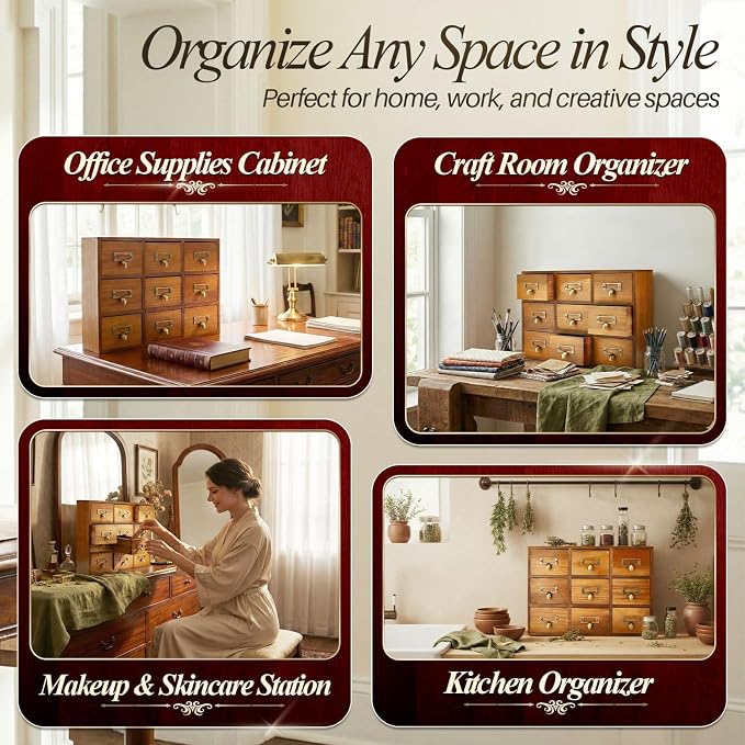 Flexzion Apothecary Cabinet with Drawers - 9 Vintage Drawers, Card Catalog Cabinet, Brown Wooden Tabletop Desktop Organizer for Home Office, Jewelry, Makeup, Tools & Small Item Storage