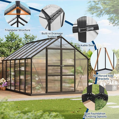 8x12 FT Polycarbonate Greenhouse,Large Walk-in SturdyOutdoor Aluminum Frame Greenhouse with Roof Vent, Lockable Push Door,for Garden, Backyard, Patio & Lawn(Black)