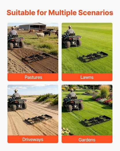 VEVOR Drag Harrow, 48 x 20 in, Tow-Behind Driveway Grader with Adjustable Width & 50lbs Load Capacity, Heavy Duty Lawn Leveling Rake, Galvanized Steel Gravel Driveway Drag, Fits ATVs UTVs Tractors