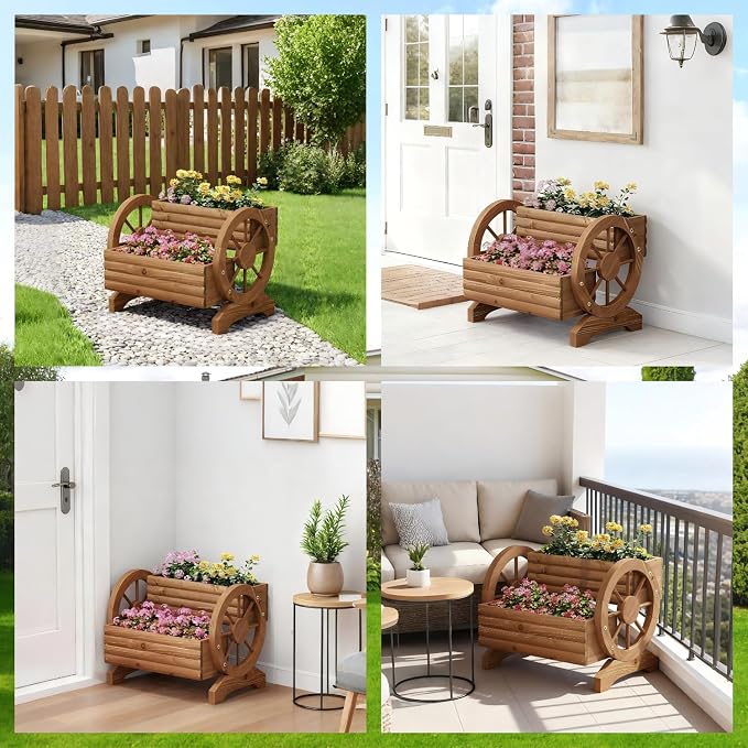 Wooden Wagon Planter Outdoor Flower Cart with Wheels Garden Planter, Decor Planter for Patio Decoration Succulent Flower Pot for Indoor Backyard Yard Decor Porch Balcony Planters (Brown, Medium)