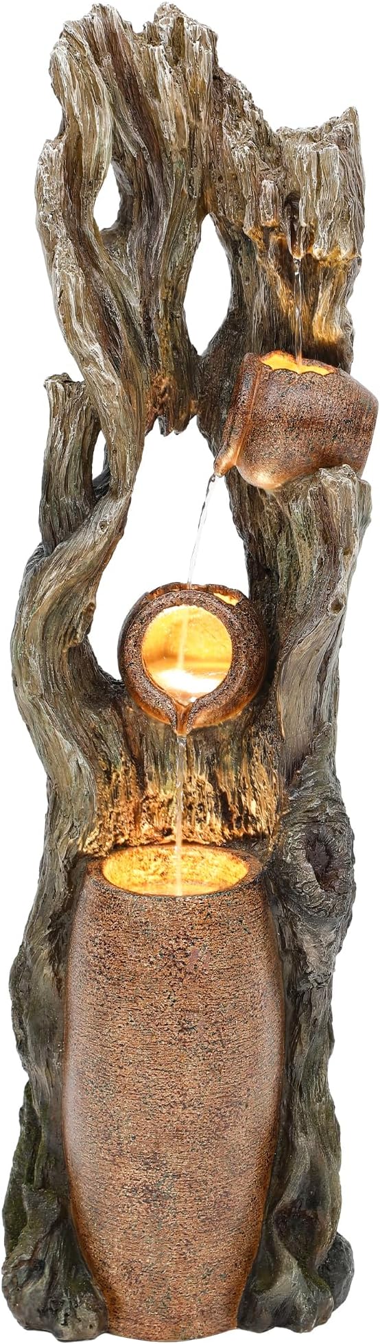 AUTODAYA 42.7" 3-Tier Outdoor Water Fountain LED Tree Trunk Jar Waterfall | Rainforest feature,terra-cotta jar accents, garden patio yard decor