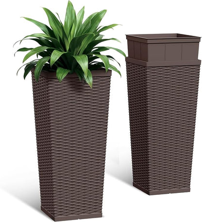 30 Inch Tall Plastic Planters(Set of 2), Detachable Inner Pot & Drainage Holes, Outdoor Decorative Flower Pots for Large Plants, Trees, Patio, and Garden, Brown