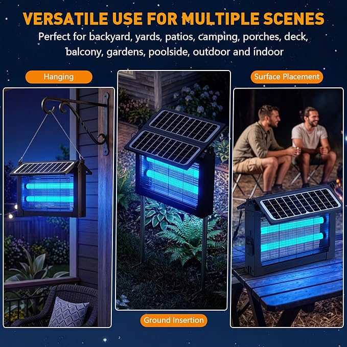 Solar Bug Zapper Outdoor, 4500V Solar Mosquito Zapper with Dual Solar Panels, 1/2 Acre Coverage Cordless Rechargeable Electric Fly Zapper, IPX5 Waterproof Mosquito Traps for Backyard, Patio, Camping