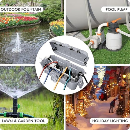 RESTMO Outdoor Electrical Box, IP54 Weatherproof Extension Cord Cover with 6 Cable Entry Ports, Waterproof Connection Box Protect Power Strip, Timer, Plug (11.5x5.2x4 inch), Light Gray
