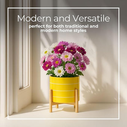 Striped Ceramic Planters with Wooden Stand as Home Decor Flower Pots for Entryway, Patio, Tabletop, and Garden - Colorful Decorative Pots for Indoor and Outdoor Plants - 9", Yellow & Tan