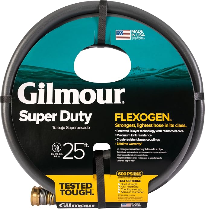 Gilmour Flexogen 5/8 in x 25 ft Garden Hose, Heavy Duty Water Hose, Flexible and Kink Resistant Outdoor Hose | Leak-Proof Brass Couplings, Kink Resistant 8-Layer Design, 500 PSI, Made in USA