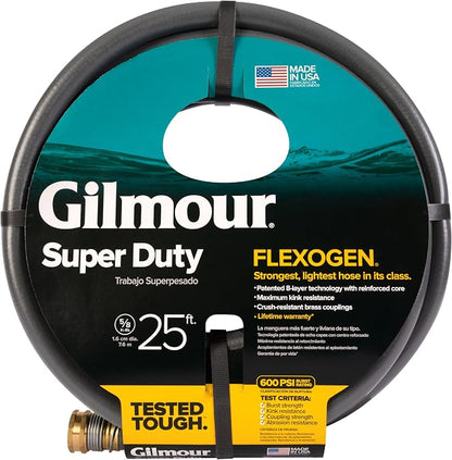 Gilmour Flexogen 5/8 in x 25 ft Garden Hose, Heavy Duty Water Hose, Flexible and Kink Resistant Outdoor Hose | Leak-Proof Brass Couplings, Kink Resistant 8-Layer Design, 500 PSI, Made in USA