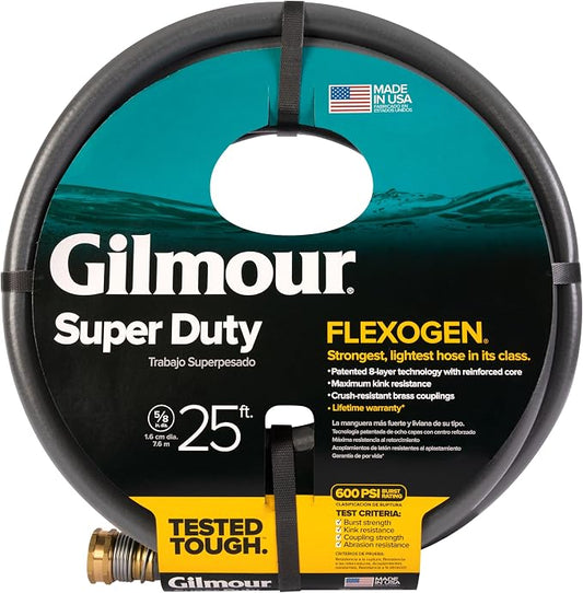 Gilmour Flexogen 5/8 in x 25 ft Garden Hose, Heavy Duty Water Hose, Flexible and Kink Resistant Outdoor Hose | Leak-Proof Brass Couplings, Kink Resistant 8-Layer Design, 500 PSI, Made in USA