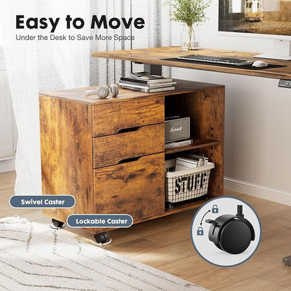 DUMOS Wood File Cabinet with 3 Drawers, Rolling Printer Stand | Under Desk Storage Organizer Home Office Space with Shelves for Files and Office Supplies, Rust
