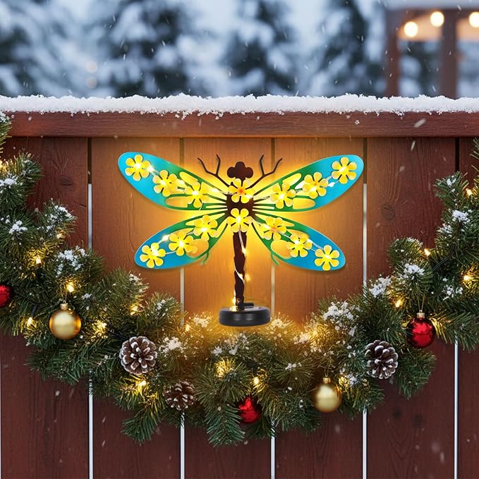 2 Pack Metal Dragonfly Outdoor Wall Decor with 30 Led Solar Lights- 13.9" Outdoor Fence Wall Art Decor, Gift for Mom Grandma Women Birthday Gardening,Hanging Decoration for Garden Patio Porch Yard