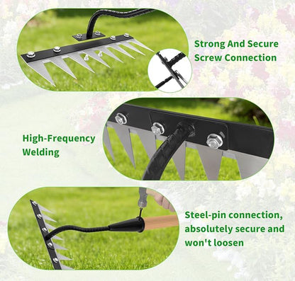 Iron Weeding Rake with Wooden Long Handle 2.0, 8 Teeth Weed Puller Tool Heavy Duty, Manual Gardenia Weed Rake Tool for Yard, Lawn and Garden, 56Inch