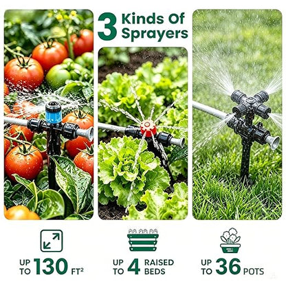 240FT Quick-Connect Drip Irrigation System Garden Watering System | 1/4" & 1/2" Fast-Lock Tubing, Adjustable Nozzles Emitters for Outdoor Raised Garden Beds,Greenhouse, Lawn, Patio