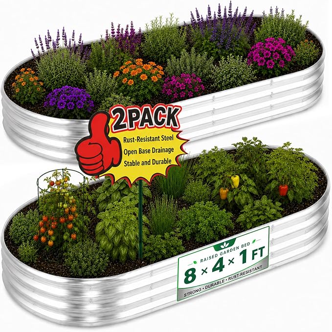 HOOPLE 2 Pack 8x4x1FT Galvanized Raised Garden Beds for Vegetables, Large Oval Metal Planter Box Outdoor, 32 Cu Ft Deep Open Bottom Garden Bed Kit for Backyard, Flowers, Herbs & Deep-Rooted Plants