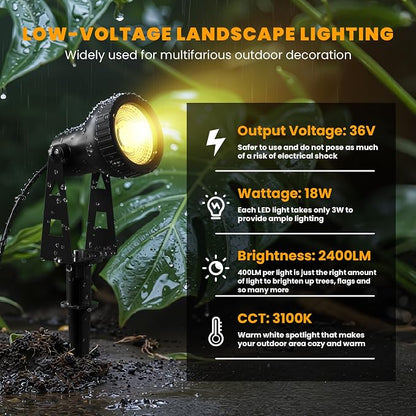 Zuske Outdoor Landscape Lighting, 6-Pack Outdoor Spot Lights with Transformer, Plug in LED Spot Lights for Garden, Yard, Backyard, Plants, Lawn, Trees, House, Flags, IP65 Waterproof – Warm White
