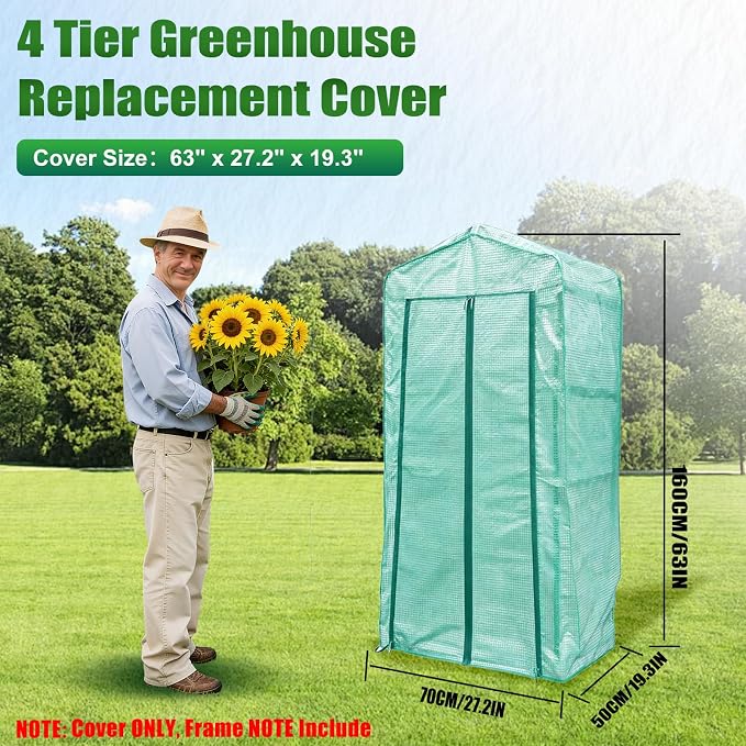 4 Tier Greenhouse Replacement Cover, 63" x 27.2" x 19.3"Greenhouse PE Cover with Roll-Up Zipper Door & Screen Ventilation, Waterproof UV Resistant Outdoor Greenhouse Cover (Frame Not Included)