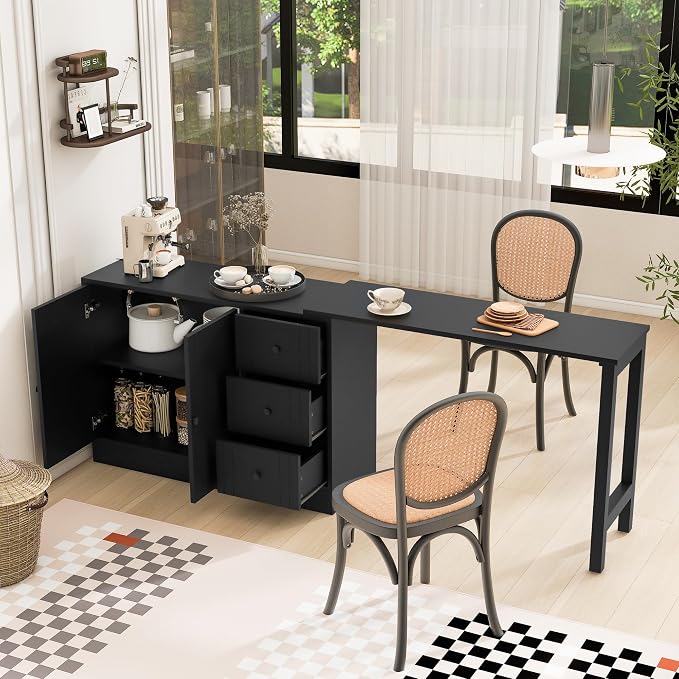 Merax Wood Farmhouse Buffet Sideboard with with Extendable Table, Multifunctional Coffee Bar Cabinet with 2 Doors and 3 Drawers for Living Room Bedroom Kitchen Black