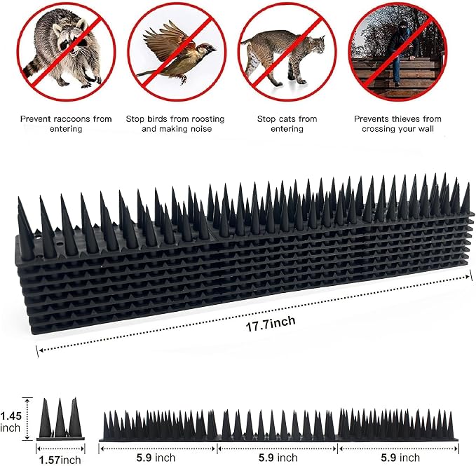 Defender Spikes for Bird, Cat, Pigeon and Small Animals 8pack- Protect Your Sofa, Garden, Outdoor Walls, Plastic Security Fence Spikes- Black