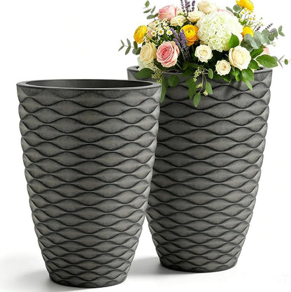 2-Pack 19" Rustic Black Resin Tall Planters with Wave Texture | Set of 2 resin tall planters with rustic black wave texture, drainage plugs, and UV-resistant finish for porch or patio