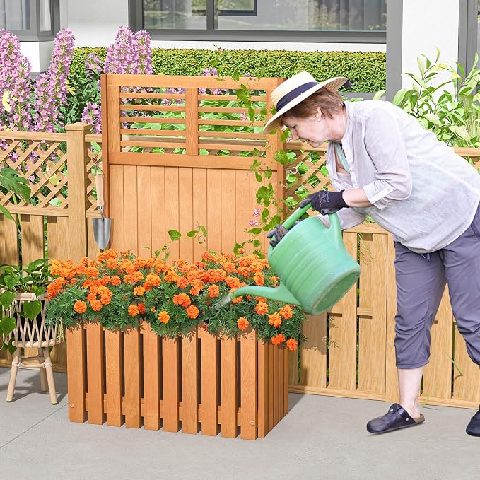 HAPPYGRILL Raised Garden Bed, Wooden Planter w/Trellis & Privacy Screen for Hanging Pot Plants, Outdoor Elevated Planter Box w/Slatted Bottom & 2 Side Hooks for Balcony Patio Garden (2)