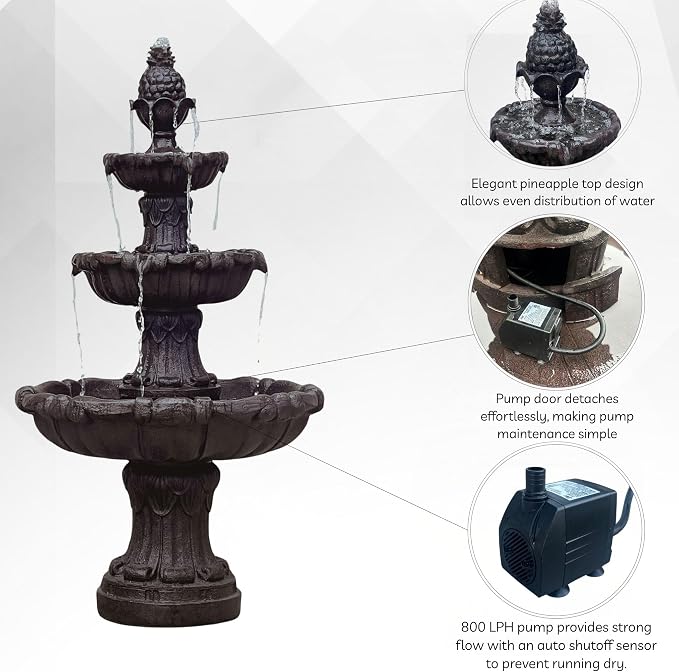 XBrand 58.3" 3-Tier Outdoor Freestanding Water Fountain - Classic Leaf Design, Brown Resin, Large Bird Bath with Pump - Ideal for Yard, Lawn and Garden, Porch Décor